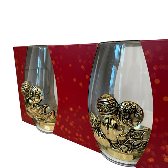 Set of 2 Gold Metal Glass Christmas Ornament Stemless Wine Glasses Holiday New - Picture 10 of 13